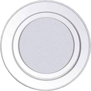 A circular white plastic button magnet with a smooth surface and a raised outer edge.