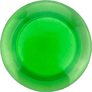 A round, transparent green plastic button magnet with a smooth surface. It features a logo in the centre.
