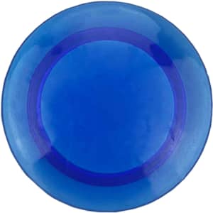 A blue plastic button magnet featuring a smooth surface and a rim in a darker shade of blue.