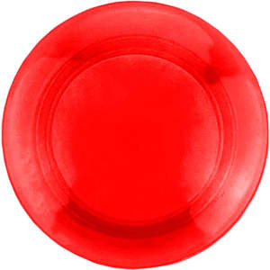 A round red plastic button magnet featuring a smooth surface and a slight rim. It has a logo displayed on it.