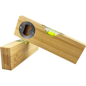 A drink bottle opener and leveller made of bamboo, featuring a metal opener and a transparent bubble level.