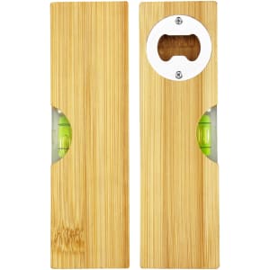 A drink bottle opener made of bamboo featuring a metal opener and spirit levels on either side, with green accents.