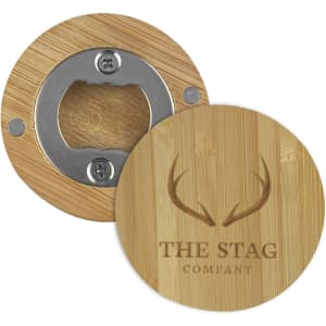 A drink bottle opener made of bamboo, featuring a circular design and a metal cap remover, with a logo.