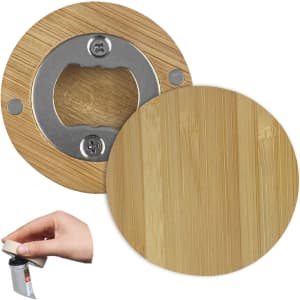 A drink bottle opener featuring a bamboo exterior and a stainless steel opening mechanism, accompanied by a hand holding it.
