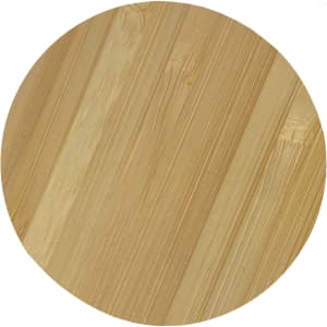 A bamboo bottle opener with a light wood finish, featuring a circular shape and a simple design. It has branding elements.