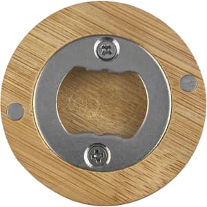 A bamboo bottle opener featuring a metal opening mechanism. It has a natural wood finish and includes two screws for attachment.