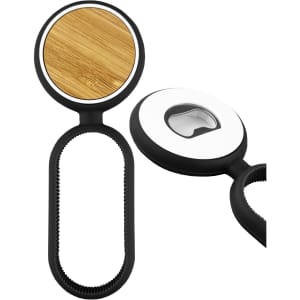 A drink bottle opener in black with a bamboo top, featuring a logo and a rubber grip for easy handling.