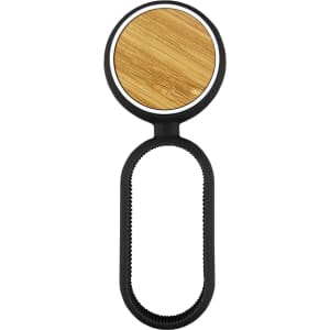 A drink bottle opener featuring a circular bamboo top and a black rubber grip, designed for easy use.
