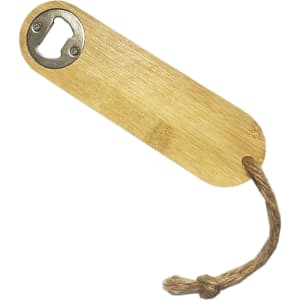 A drink bottle opener made of bamboo with a metal bottle cap remover and a rope handle. It features a logo.
