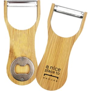 A bamboo peeler and bottle opener featuring a metallic blade and a circular bottle cap remover. The product has a natural wood finish.