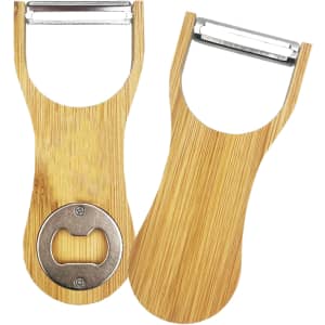 A drink bottle opener and peeler made from bamboo, featuring a silver metal blade and a circular opener.