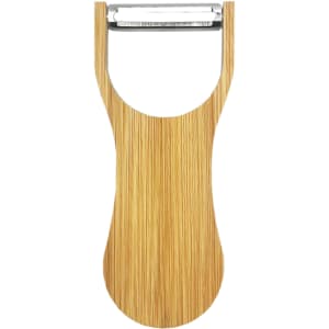 A bamboo bottle opener with a stainless steel blade. Features a simple, natural wood design. Includes a logo.