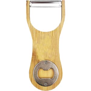 A drink bottle opener made of bamboo with a metal bottle cap opener at the base. It features a sleek design and has a logo.