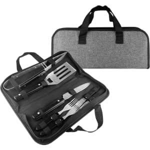 A BBQ set with metal tools including a spatula, fork, knife, and tongs, contained in a grey carrying case.