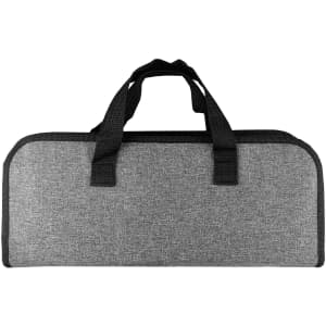 A grey BBQ tool bag with two black handles, featuring a textured fabric design and a simple structure.