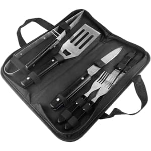 A BBQ set featuring stainless steel utensils, including a spatula, tongs, knife, fork, and a durable black carrying case.