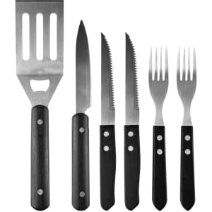 A black-handled BBQ set including a spatula, knife, serrated knife, and two forks, all with stainless steel blades.