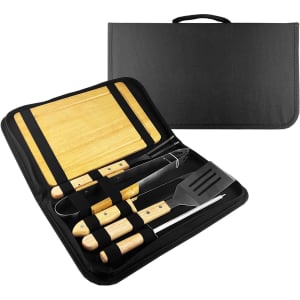 A BBQ set featuring stainless steel tools with wooden handles and a black carrying case. Includes spatula, tongs, and knife.