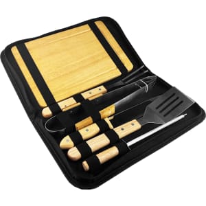 A BBQ set featuring wooden-handled tools, including a spatula, tongs, and knife, presented in a black case with a wooden board.