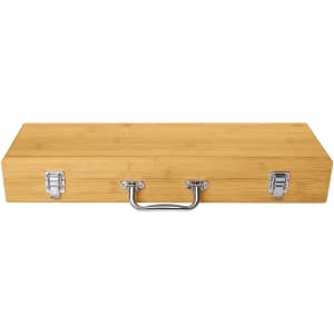 A bamboo storage case with a silver handle and clasp closures, designed for BBQ tools and accessories.