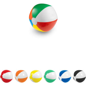A beach ball in various colours including green, red, blue, yellow, and orange, with a white section and a logo.