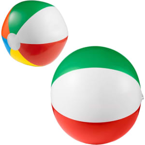 A beach ball, 21cm in size, featuring red, green, yellow, and white panels. Includes a logo on the surface.