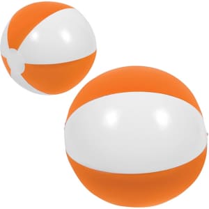 An orange and white beach ball, 21cm in size, featuring a smooth surface and a brand logo.