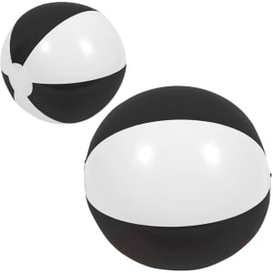A beach ball in black and white, featuring a smooth surface and round shape, with a logo visible on it.