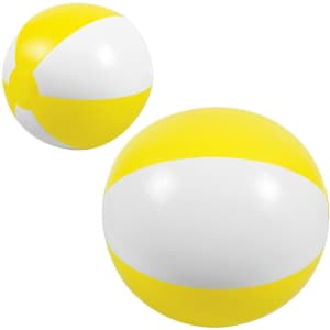 A beach ball with yellow and white stripes, featuring a round shape and a logo on it.