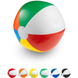 A vibrant, 48cm beach ball featuring red, green, yellow, blue, and white sections, complete with a logo.