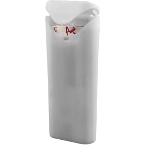 A white bandage case with a flip-top lid, designed to hold adhesive bandages securely inside.
