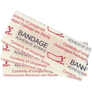 Adhesive bandage strips with a sterile packaging design in a beige and red colour scheme, featuring branding elements.