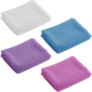 A set of four mesh fabric towels in white, blue, purple, and pink, neatly folded. Each towel has a breathable texture.