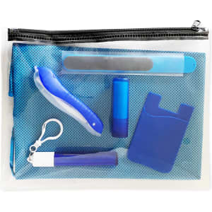A transparent pouch containing various blue personal care items, including a drink bottle and other accessories.