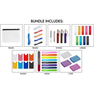 A travel bundle including various health and personal care items in multiple colours, with a branded storage pouch.