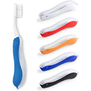 A toothbrush with a blue rubber grip alongside six coloured travel cases in red, orange, blue, black, and white.