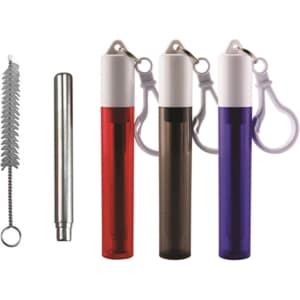 A set of four travel bottles in red, brown, and purple, with a cleaning brush and a keychain attachment.