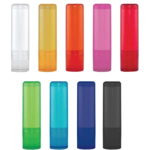 Ten travel-sized containers in various colours including clear, orange, pink, red, green, blue, and black. Each has a circular base and a logo.