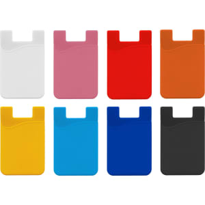 A set of eight credit card-sized holders in white, pink, red, orange, yellow, blue, black, and a curved design.