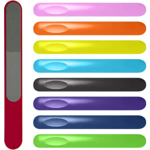 A set of nail files in various colours, including pink, orange, yellow, blue, black, and purple, with a logo on some.