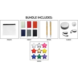 A clear zip pouch, four notebooks in various colours, two pens, a speaker, headphones, and multi-coloured star-shaped pins.