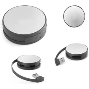 A round, black and silver USB hub featuring multiple ports and a retractable cable. Includes branding.