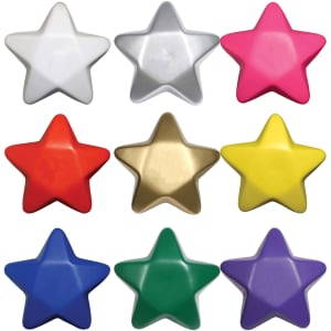 A collection of star-shaped magnets in white, silver, pink, red, gold, yellow, green, and purple.