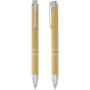 A set of two bamboo pens with silver accents and a sleek design, featuring branding on the barrel.