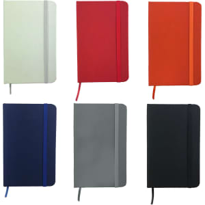 A collection of six notebooks in white, red, orange, grey, navy and black, each with an elastic band and ribbon bookmark.