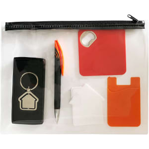 A transparent pouch containing a keyring, a pen, and three house-shaped cards in red, white, and orange.