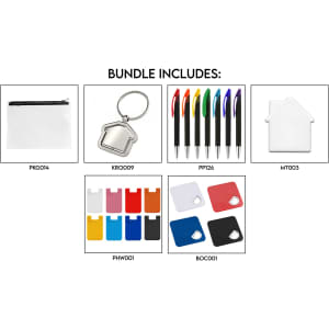 A drink bottle, house-shaped keyring, colourful pens, a house-shaped stress toy, and various coloured coasters in a bundle.