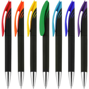 A set of seven pens in black with coloured grips: red, yellow, green, blue, and purple. Each pen has a silver tip and branding.