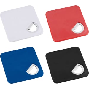 A set of four square bottle openers in white, red, blue, and black, each featuring a built-in bottle opener.