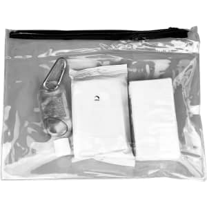 A clear zippered pouch containing a bottle of hand sanitiser, wipes, and a small package, all in varied colours.